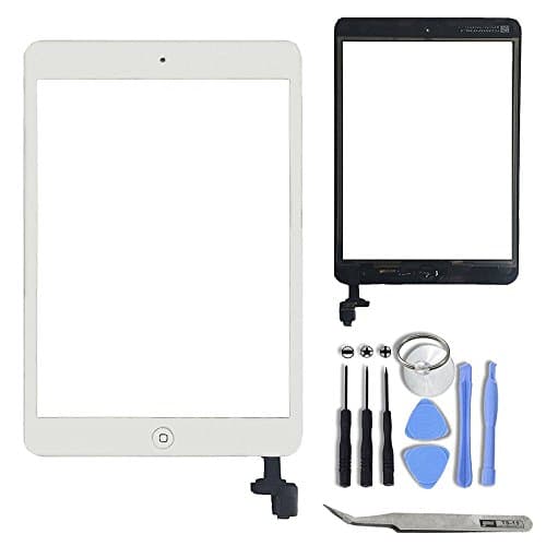 Yuzlder ipad mini 1 & 2 screen replacement, White Touch Screen Digitizer Front Panel Glass Lens Repair Replacement (include IC Chip, Home Button) with Tools Kit