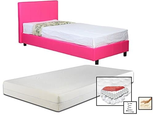 3ft Single Low Frame Pink Faux Leather Bed + Spring Memory Foam Mattress - Also available in Black, Brown + White