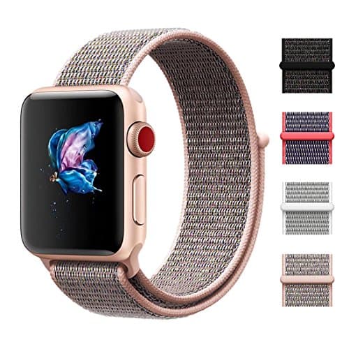 CHEEDAY New Nylon Sport Loop iWatch Strap with Hook and Loop Fastener Adjustable Closure Wrist Band Replacment for Apple Watch Nike+ Series 3/2/1,Sport & Edition (42mm, Pink Sand)