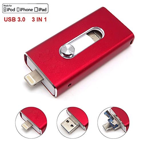 Escomdp USB 3.0 Flash Drives for iPhone 5 6 7 Plus, iPad iOS Lightning Apple Device, 3-in-1 Mobile Phone OTG Flash Memory Stick Storage Expansion for Android & Computers (32GB, Red)