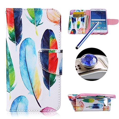 Etche Case for Samsung Galaxy Note 5,Leather Case for Samsung Galaxy Note 5,Wallet Case for Samsung Galaxy Note 5,Pretty Colorful Feather Design Book Type Wallet Case with Card Holder for Samsung Galaxy Note 5 with Blue Stylus Pen and Bling Glitter Diamond Dust Plug Colors Random-Colorful Feather