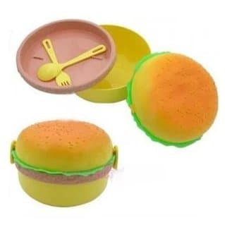 Round Shaped Hamburger Shape Plastic 3 Layers Lunch Box with Mini Spoon and Fork for Children and Adults No.5.15