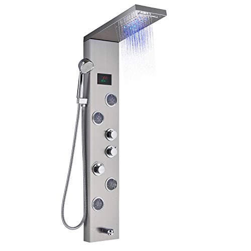 Senlesen Brushed Nickel LED Light Rainfall Waterfall Shower Panel Tower Rain Massage System Faucet with Jets & Hand Shower Stainless Steel