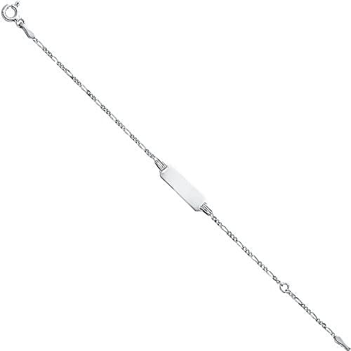CUSTOM ENGRAVED - 14K White Solid Gold Figaro 3+1 Tiny Baby ID Bracelet - 4.5+1"