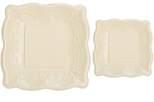 Scalloped Embossed Square Premium Paper Plates: Bundle Includes Dinner Plates and Appetizer/Dessert Plates for 8 Guests (Linen)