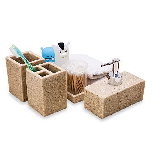 Advanced Resin Simple Modern Bathroom Accessory Set, Matte Texture, Full Set Includes 1 Tumbler, 1 Toothbrush Holder, 1 soap Dish and 1 Soap Dispenser (Beige(Tray))