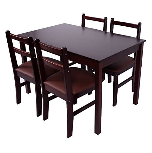 Brown 5 PCS Dining Set With 4 Upholstered PU Leather Cover Cushion Chairs Solid Pine Wood Construction Dinning Room Kitchen Home Decoration Furniture Breakfast Lunch Dinner Restaurant Coffee Shop