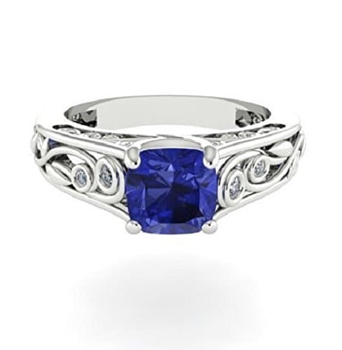 14k White Solid Gold Wedding Diamond Ring, Leaves and Vine Ring, Engagement Ring, Natural Genuine Tanzanite Cushion Shape, Diamonds and 14k White Gold Ring.