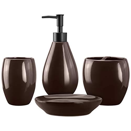 4-Piece Ceramic Bathroom Accessories Set, Bathroom Ensemble Sets for Bath Decor Includes Soap Dispenser Pump, Toothbrush Holder, Tumbler, Soap Dish, Durable Complete Set Bath Organizer (Brown)