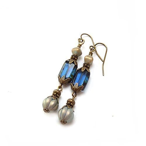 Handmade Midnight Sapphire Navy Blue Long Dangle Earrings - Victorian Style - Metallic Glass Beads - Antiqued Bronze