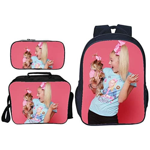 Children Backpack, 16 Inch 3D Jojo Siwa Pattern Student School Bag Laptop Backpack Baackpack + Lunch Box + Pencil Case 3 in 1 Set, Large-Capacity Leisure Sports Rucksack