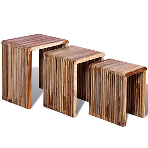 HELLOLAND Set of 3 Wood Nesting Tables Stackable Coffee End Table Set Living Room Sofa Snack Tables Space Saving Home Furniture (Reclaimed Teak)