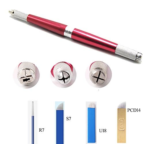Eyebrow Microblading Pen Semi Permanent Makeup Tattoo Machine for Eyebrow Lip with 4 Needles (S7+R7+U18+PCD14) Red