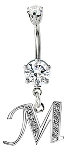 Silver dangly Initials belly button ring with CZ crystals - M