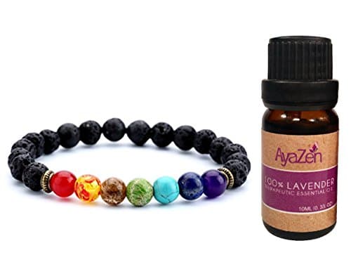 Lavender Essential Oil Plus 7 Chakra Aromatherapy Bracelet Diffuser Set. Real Natural Healing Energy Stones & Lava Stones For Mala Meditation