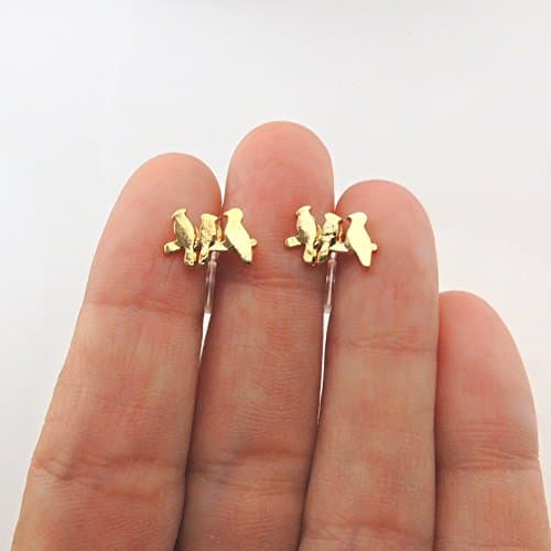 Three Birds on a Branch Stud Earrings, Invisible Clip On, Gold-Tone