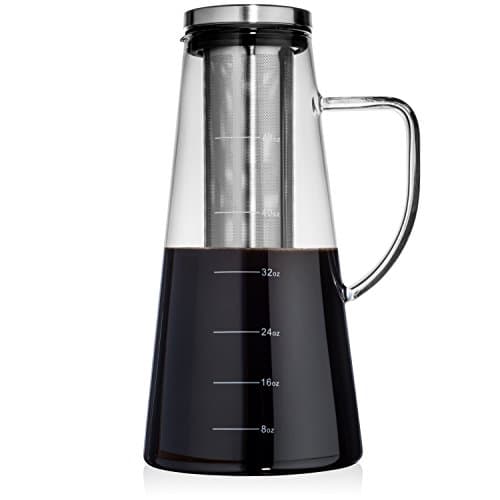 Large Cold Brew Coffee Maker, 1.5L/48oz Premium Quality Glass Carafe with Airtight Stainless Steel Lid Brews Hot or Iced Coffee & Tea, Removable Fine Mesh Filter/Fruit Infuser, Bonus Cleaning Sponge