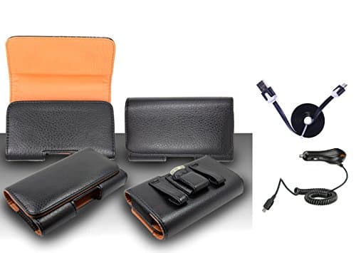 Pouch Case For HTC One M8 - Premium Classic Black Pebble Texture Leather Design Horizontal Leather Belt Case Clip Holster Pouch Cover Case (Fit for Single Phone With Thin Case or Back Cover Together) + Car Charger + 1 of 1M/3Feet Stylish Micro USB To USB 2.0 Data Sync Charger Flat Cable