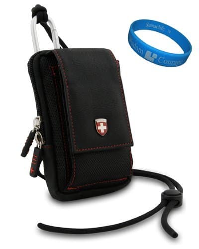 Swiss Leatherware Black Nylon Protective Camera Carrying Case with Removable Carbineer and lanyard for Leica V-Lux 40 / Leica V-Lux 20 / Leica X1 / Leica D-LUX 4 / Leica C-LUX 3 Point & Shoot Digital Cameras + SumacLife TM Wisdom Courage Wristband