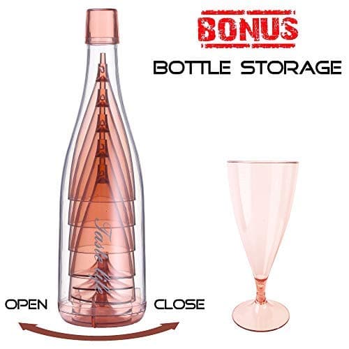 Unbreakable Plastic Wine Glasses with Cute Bottle Storage (Set of 5) Pink, Shatterproof Cups with Removable Stemmed Bottoms | Party, Hosting, and Home Kitchen | Reusable