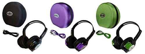 3 Pack Kid Sized Wireless Infrared Universal Car DVD IR Automotive Colored Adjustable 2 Channel Headphones With Case and 3.5mm Auxiliary Cord
