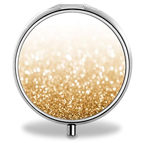 IMLONE Pill Organizer, Customized Gold Glitter Pill Boxes with 3 Components and Mirror for Travelling and Daily Needs
