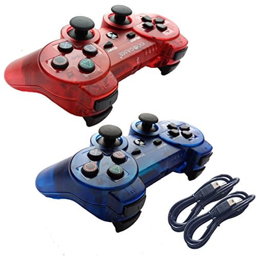 Tevodo 2 Packs Wireless Bluetooth Controllers For PS3 Double Shock - Bundled with USB charge cord (Clear Red and Clear Blue)