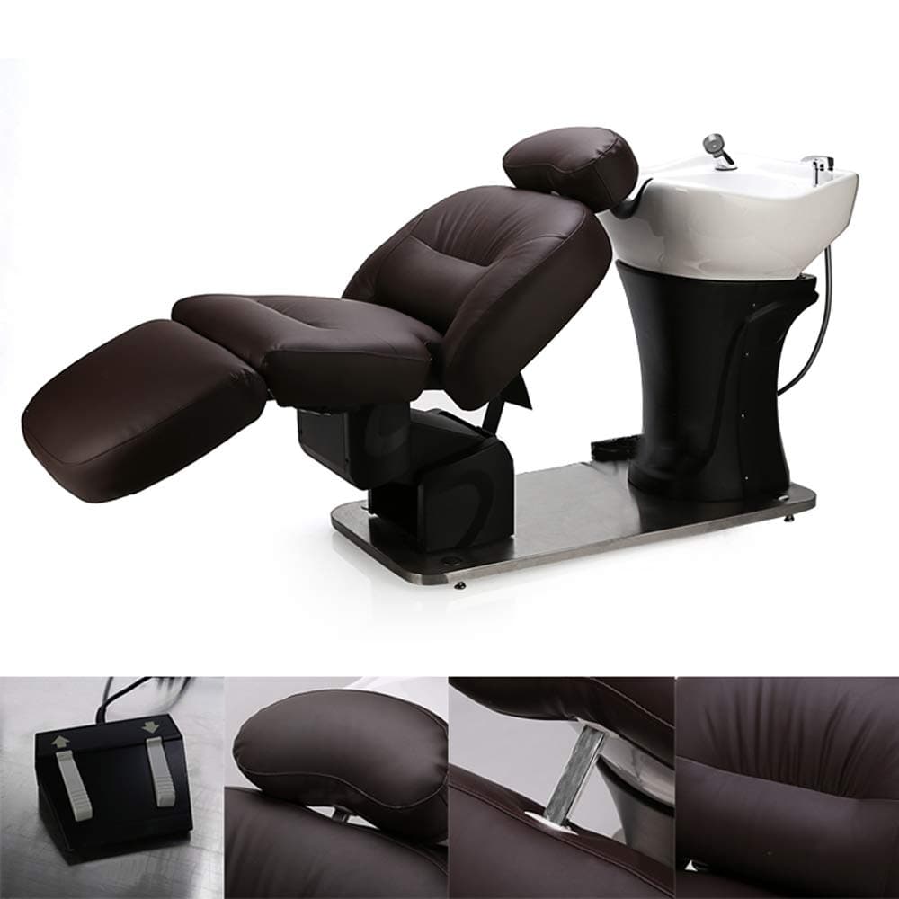 Backwash Barber Chair with Ceramic Basin Adjustable Footrest Angle, Backrest Angle, Whole Bed Height Salon Furniture