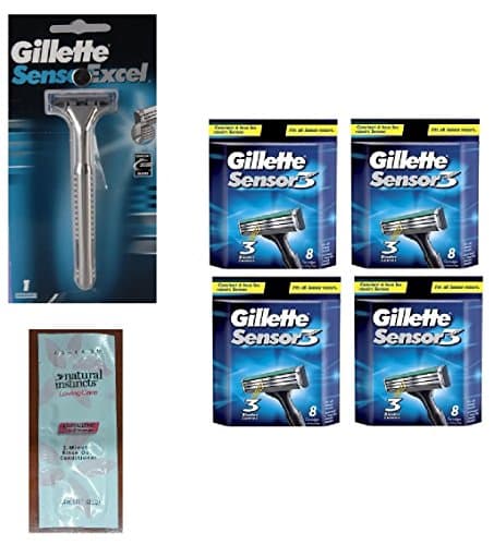 Sensor Excel Razor Handle w/ 1 Refill Blade (Packaging May Vary) + Sensor 3 Refill Razor Blade Cartridges 8 Ct. (Pack of 4) with FREE Loving Color trial size conditioner
