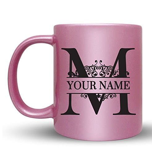M - Custom Monogram Coffee Mugs - ADD YOUR NAME - Personalized Ceramic Cups - 11oz