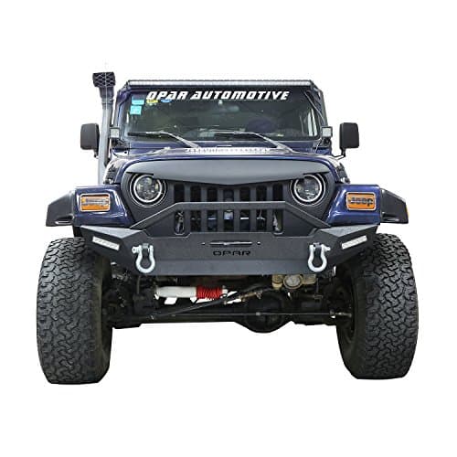 Hooke Road Solid Steel Front Bumper w/Winch Plate D-Rings & 2X LED Lights for 1987-2006 Jeep Wrangler TJ YJ