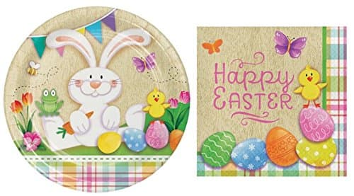 "Happy Easter" Plates and Napkin Set: For 16 People! Includes disposable dinner plates and napkins!