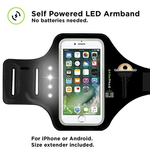 Running Armband for Iphone 6, 6S, 7 or Android: Dynamove Motion Powered LED with Fingerprint Touch ID Support, Key Holder, Cash & Cards Slot + Size Extender included - No batteries needed