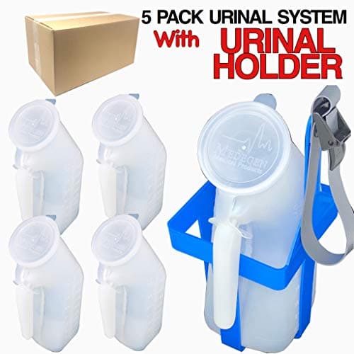Bedside Table Reusable Portable Male High Capacity Urinal System with Splash Resistant Snap Lid 32oz./1000mL (5 Pack) (5, with Holder)