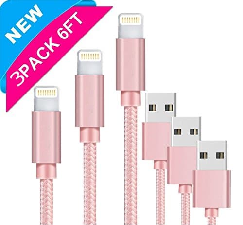 Lightning Cable, 3Pack Nylon Braided 6FT/2M Charger Cable USB Cable Sync & Transfer Data, Charging Cord - Pink
