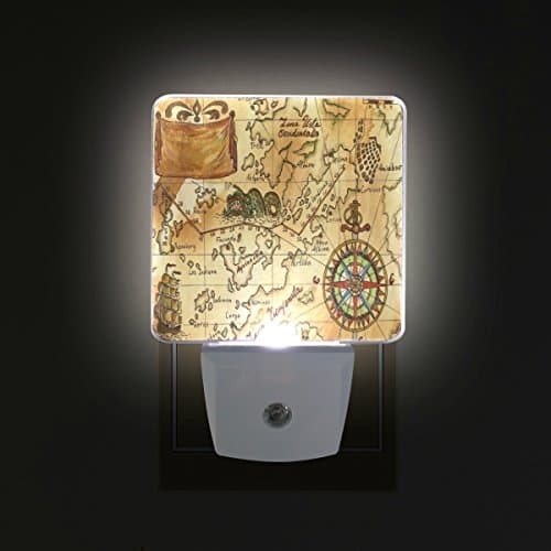 ALIREA Old Pirate Map With Wind Rose Plug in LED Night Light Auto Sensor Dusk to Dawn Decorative Night for Bedroom, Bathroom, Kitchen, Hallway, Stairs,Hallway,Baby's Room, Energy Saving
