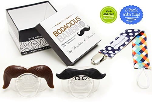 B.B. Mustache Pacifier 2-Pack with Pacifier Clip by Bodacious Bambino | The Horseshoe & Handlebar - Cute & Funny Pacifiers for Babies | BPA-Free
