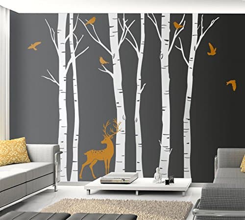 Birch Trees Wall Decal Winter Trees Wall Decal Deer Wall Decal Birds in Winter Nature Wall Decal Birch Tree Wall Decor, Forest Tree Sticker