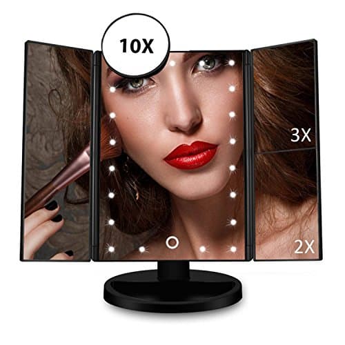 eVmo 21 LED Makeup Mirror, Lighted Vanity Mirror Tri-fold Touch Screen Magnification Adjustable Portable Foldable Travel Cosmetic Makeup Mirror, Battery or USB Powered Table Stand Mirror, Black MB01B