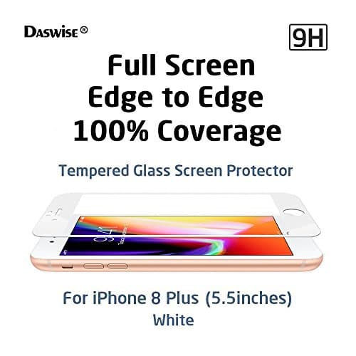 iPhone 8 Plus Screen Protector, Daswise 2017 100% Coverage 3D Curved Tempered Glass Screen Protector, Cover Edge-to-Edge, HD Clear, Shockproof, Easy Installation, for Apple iPhone 8 Plus (5.5 White)