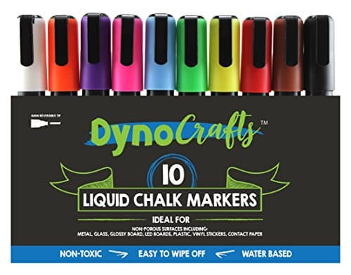 DynoCrafts Liquid Chalk Markers, 6mm Reversible Tip, 10-pack, Assorted Bright Colors, Non-Toxic