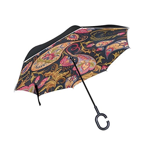 OREZI Large Inverted Umbrella Reverse Folding Umbrella Double Layer With C-Shaped Handle,Self Standing Umbrella for Car and Outdoor Rain Indian Paisley Umbrella for Women and Men