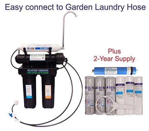 Black Series Expandable 4 Stage Home Drinking Reverse Osmosis System. Garden Laundry Hose connection. 75 GPD Membrane. Comes with 2 Year supply filter set