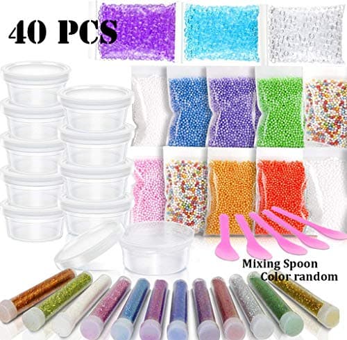 40 Pack Slime Making kit, Including 10 Pack Color Foam Balls, 10 Pcs Slime Containers, 12 Bottles Glitter Powder,3 pcs Fishibowl Beads, 5 Pcs Glue Mixing Spoons for Slime Making Craft(40pack)