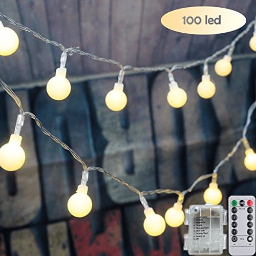 LED String Lights Globe Fairy Lights Battery Powered with Remote Control, 33 Ft 100 LED Warm White Indoor and Outdoor Decoration for Christmas Halloween Home Bedroom Wedding Parties Patio Lawn