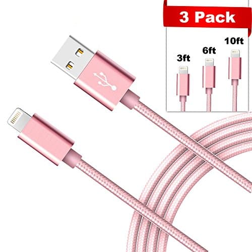 HLLI Lightning Cable / iPhone Charger Cable, 3 Pack Durable Nylon Braided Charging and Syncing USB Cord For iPhone 8 8 Plus 7 7 Plus 6S 6 Plus SE 5S iPad Mini iPod- Rose Gold (3Pack 3ft+6ft+10ft)