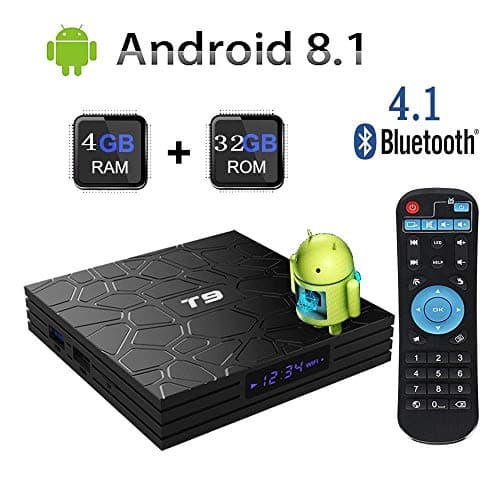 Newest 2018 Android TV Box,T9 Android 8.1 Boxes with 4GB RAM 32GB ROM Quad-Core Cortex-A53 RK3328 Processor 2.4GHz WiFi Supports 4k2k Ultra H.265 Smart Set Top Box