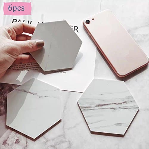 6x Marble Coaster For Drink Dining Table Coffee Table Stone Coasters Set Living Room Office (white hexagon)