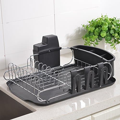 Wtape New Design Modern Steel Rust Proof Kitchen Draining Dish Drying Rack,Dish Rack With Black Drainboard, 3 Separate Cup Holder Attachments, A Wide Utensil Holder and Knife Holder Attachment