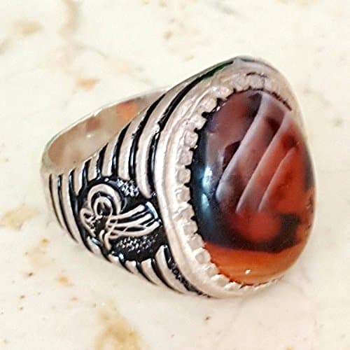 WOW middle eastern 925 sterling silver men ring natural red natural agate aqeeq